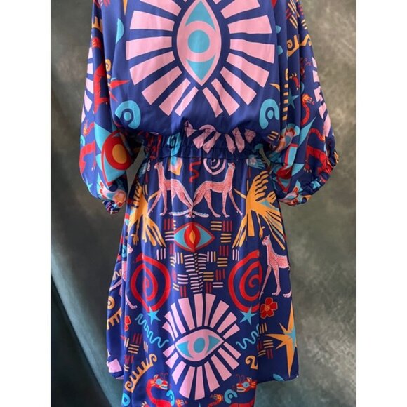 New Emily McCarthy Palmer Dress M Blue Red Print Boho Collared Short Sleeve - Picture 6 of 9